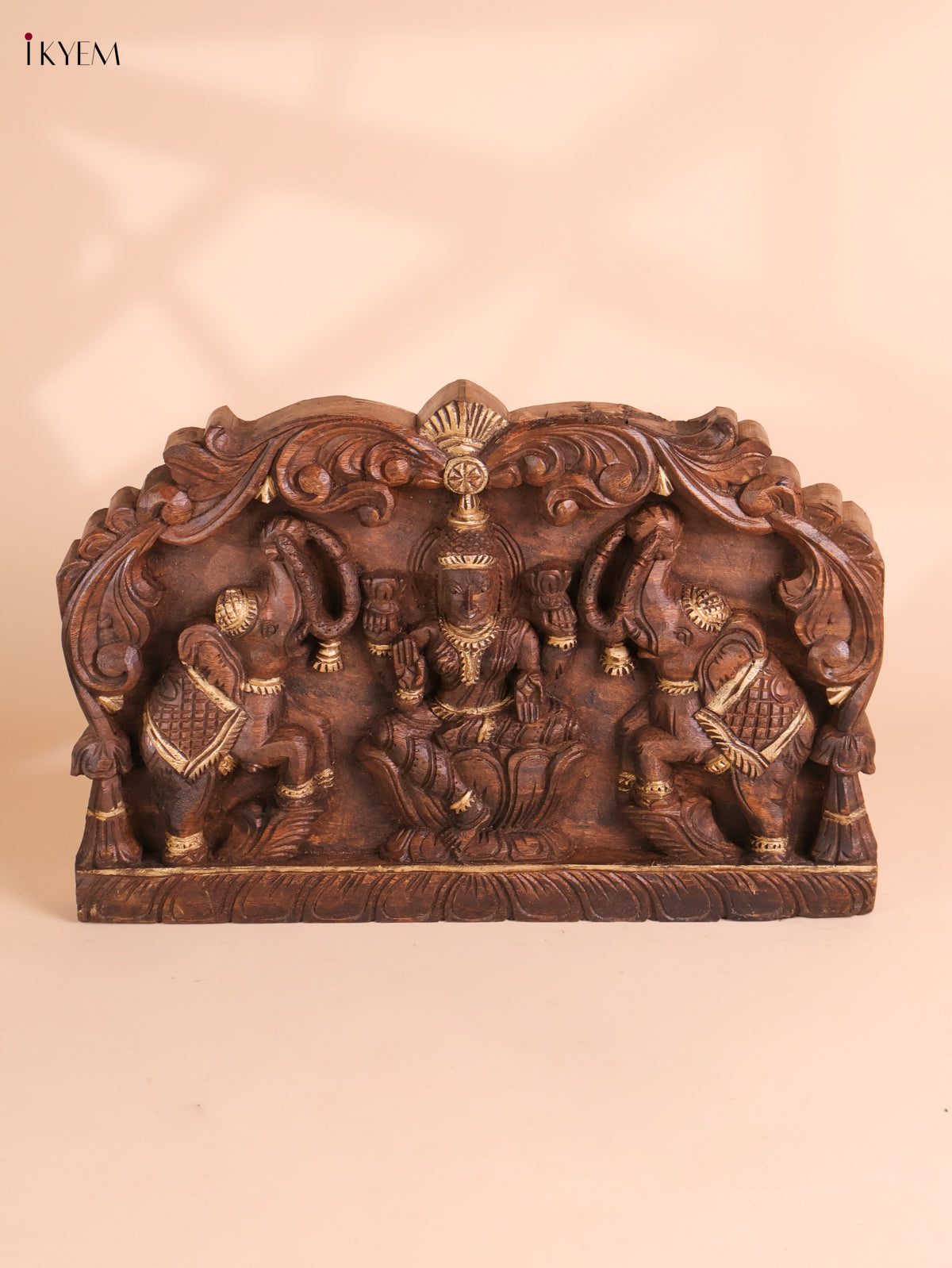 Wooden Hand Carved Gajalakashmi Panel(12x18)