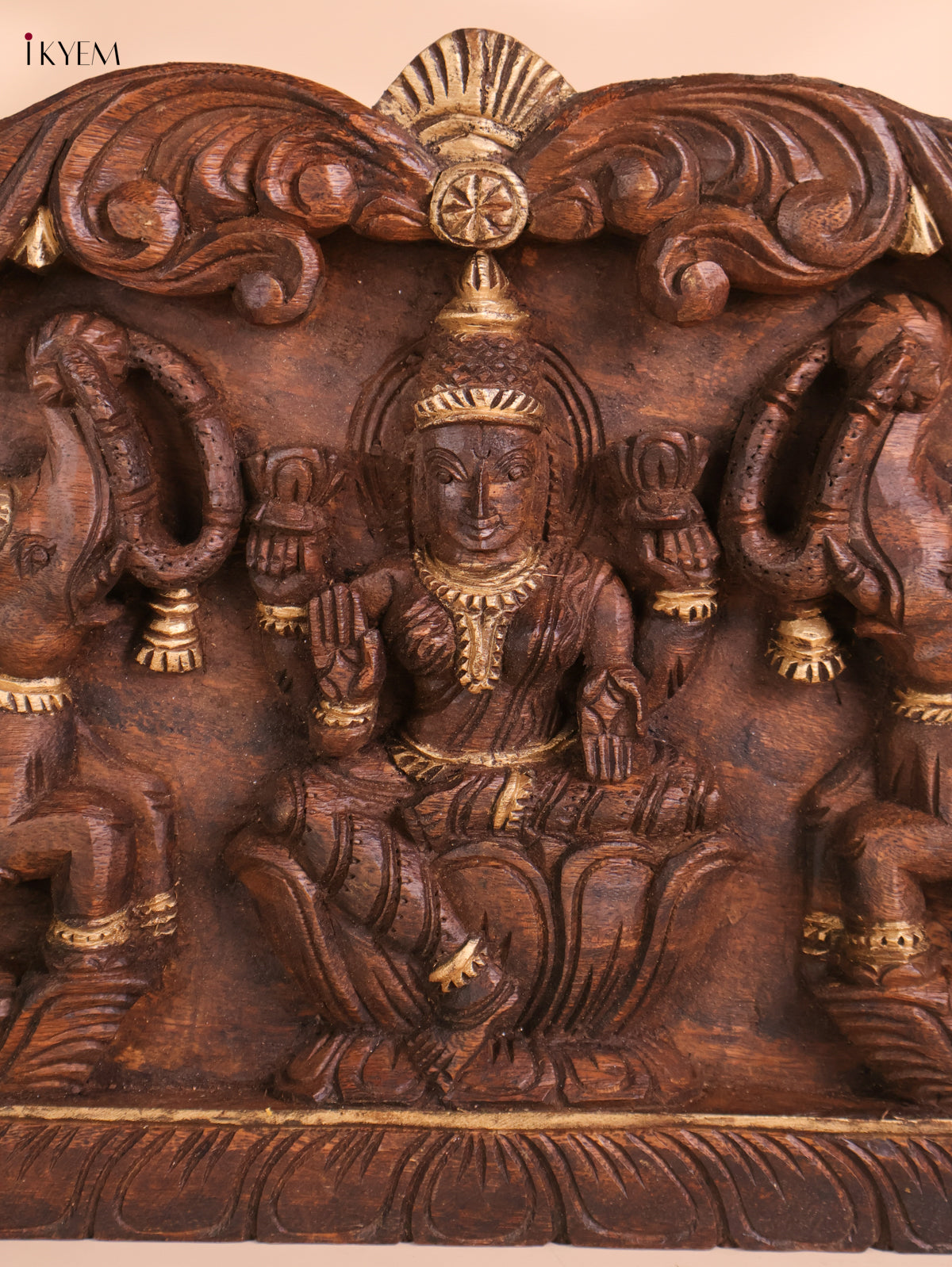 Wooden Hand Carved Gajalakashmi Panel(12x18)