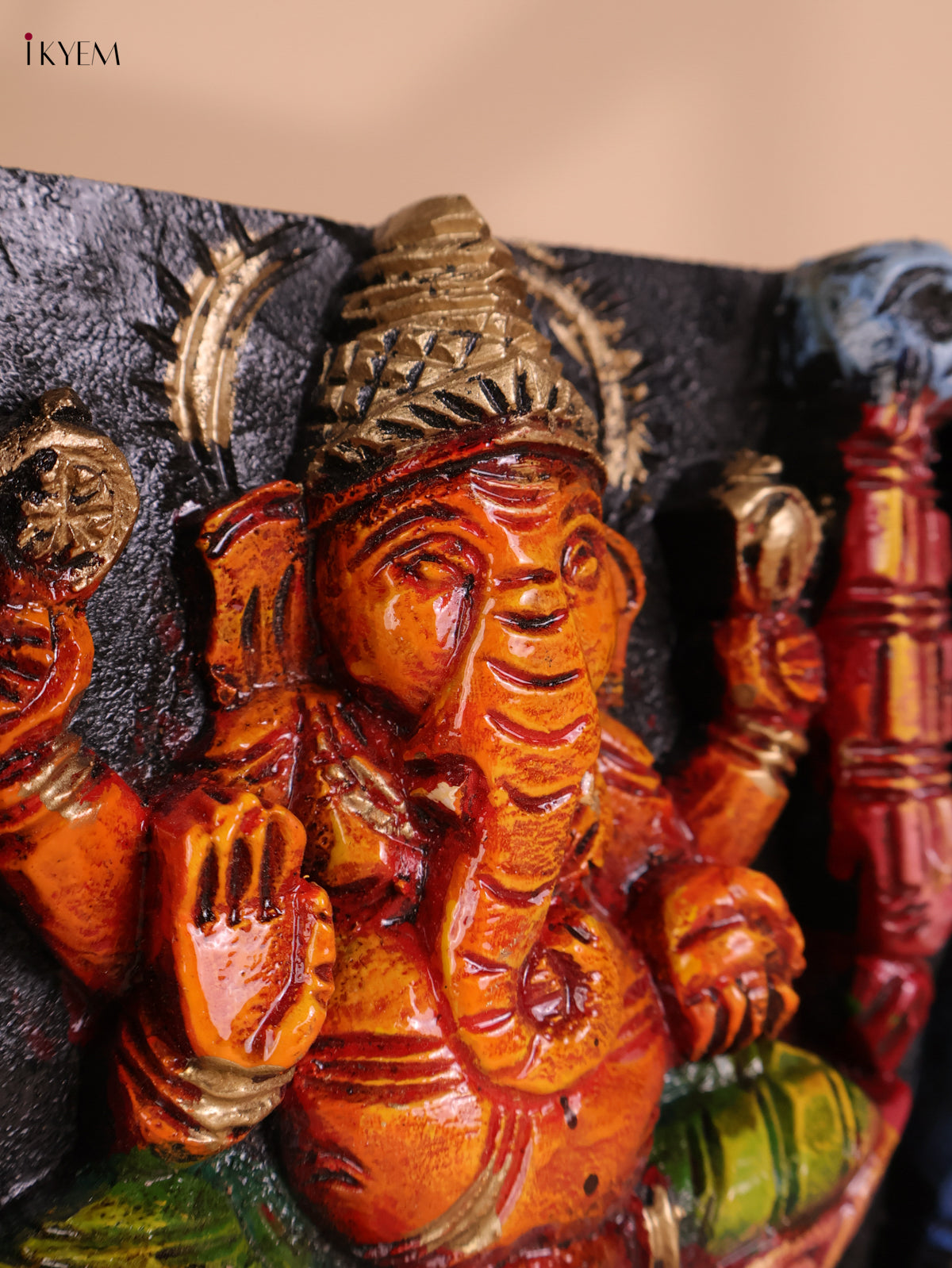 Wooden Hand Carved Painted Gaja Ganesha Panel (8x36)