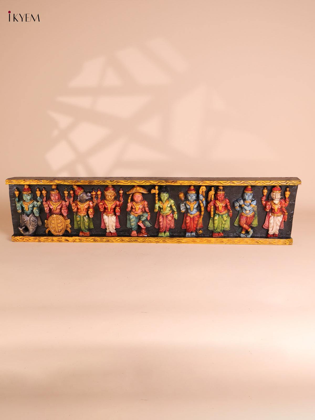 Wooden Hand Carved Painted Dasavatharam Panel (9x36)