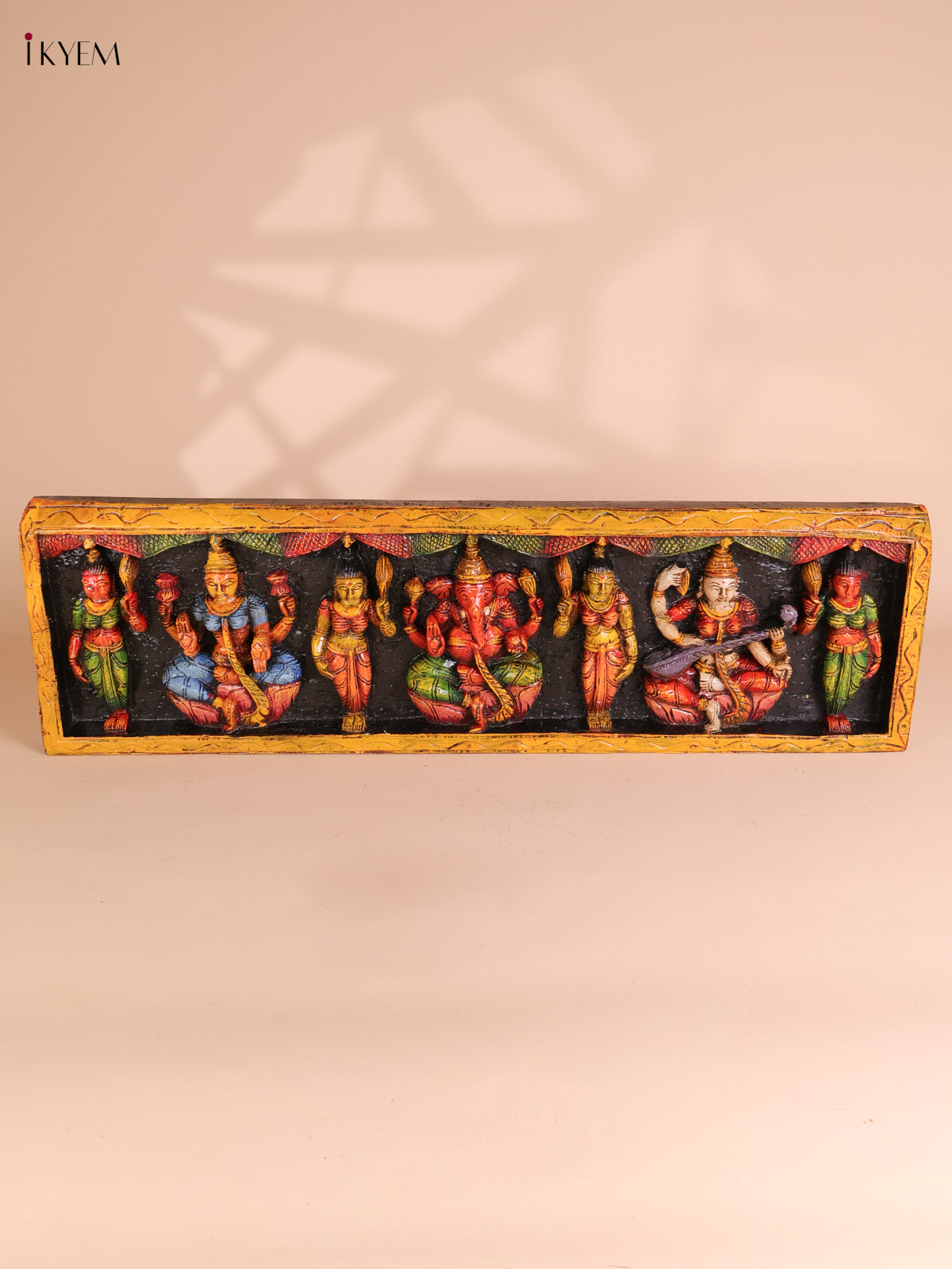 Wooden Hand Carved Painted Ganesha Lakshmi Saraswathi Panel (10x35)