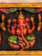 Wooden Hand Carved Painted Ganesha Lakshmi Saraswathi Panel (10x35)