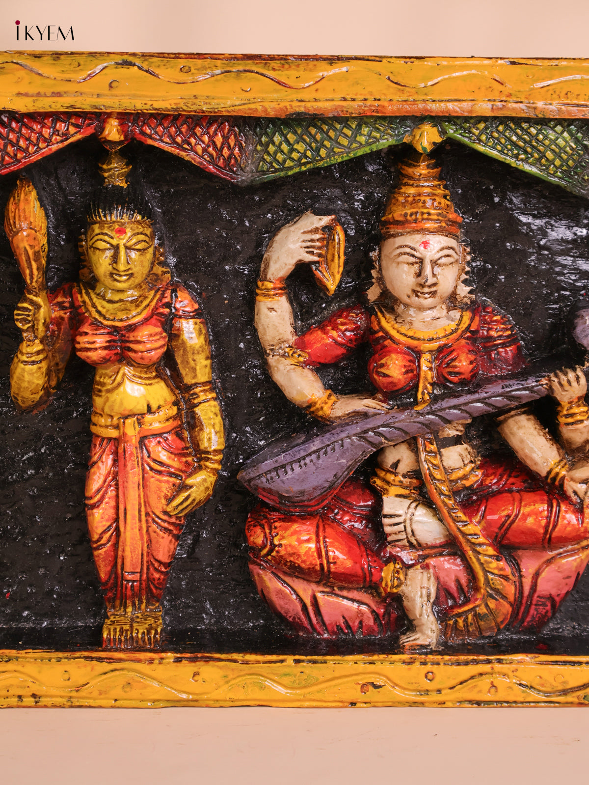Wooden Hand Carved Painted Ganesha Lakshmi Saraswathi Panel (10x35)