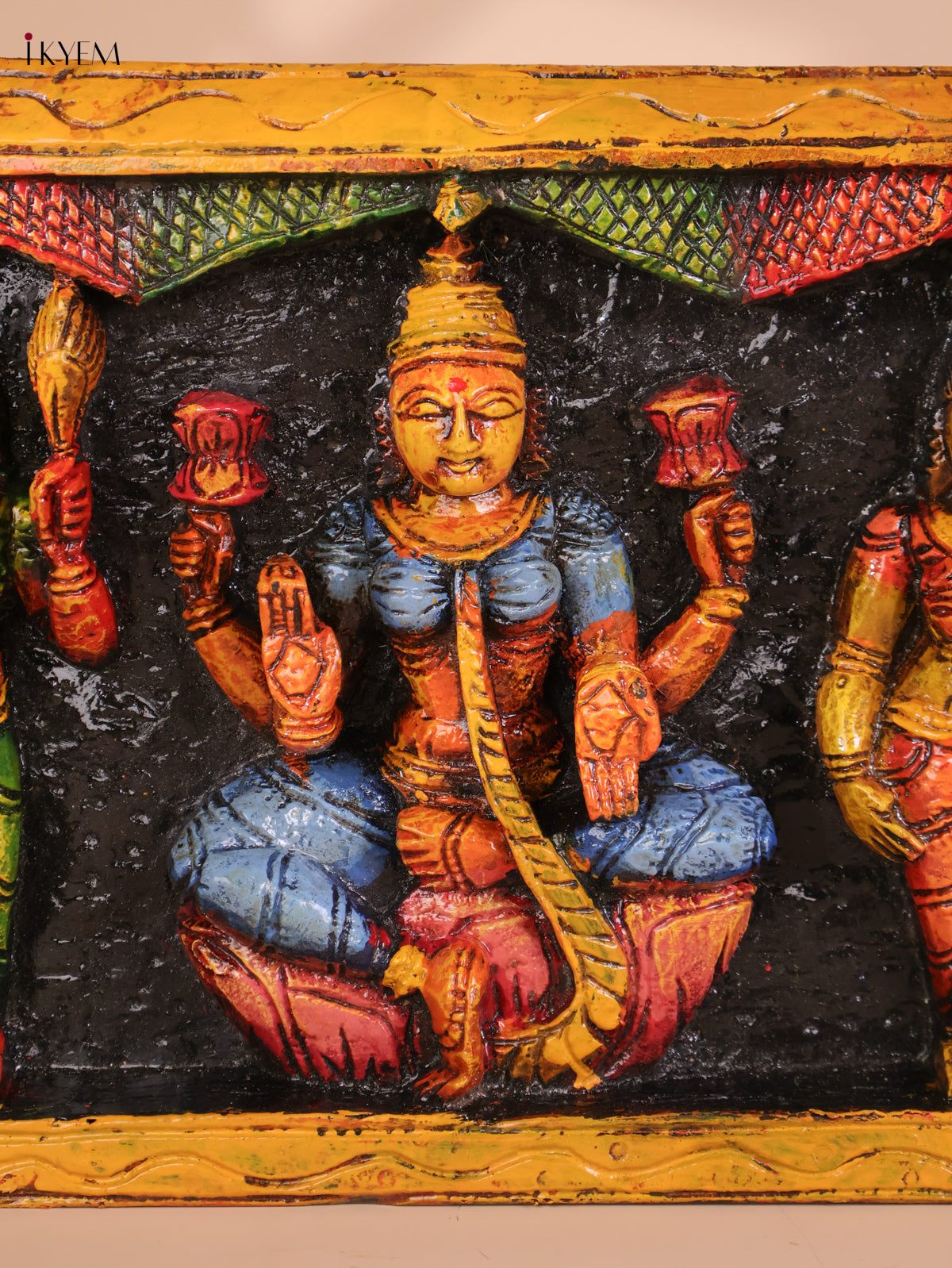 Wooden Hand Carved Painted Ganesha Lakshmi Saraswathi Panel (10x35)
