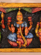 Wooden Hand Carved Painted Ganesha Lakshmi Saraswathi Panel (10x35)