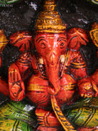 Wooden Hand Carved Painted Ganesha Lakshmi Saraswathi Panel (10x35)