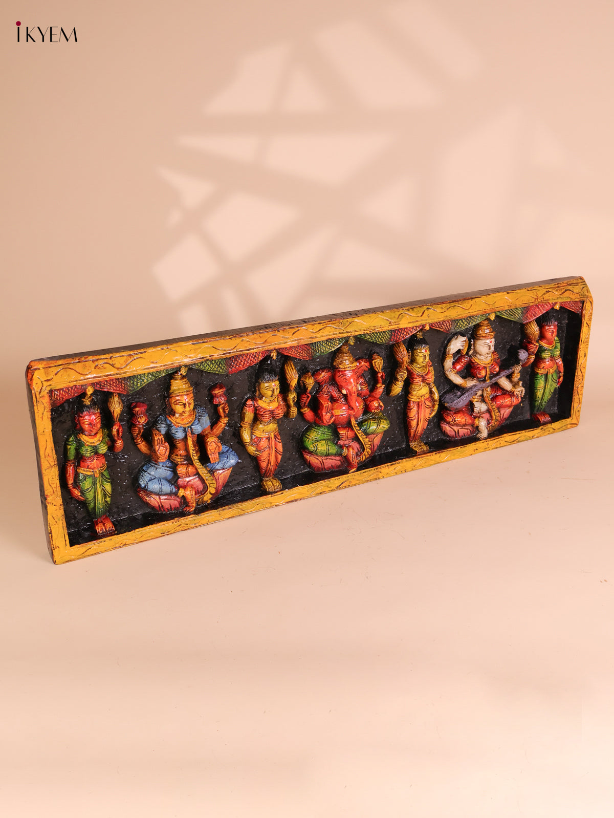 Wooden Hand Carved Painted Ganesha Lakshmi Saraswathi Panel (10x35)