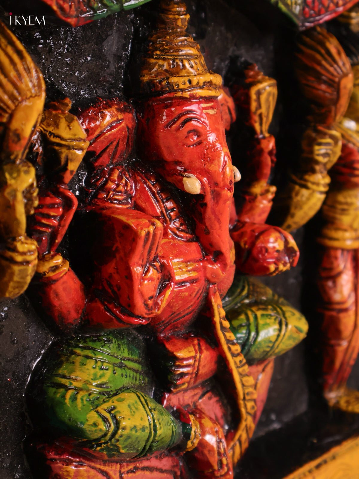Wooden Hand Carved Painted Ganesha Lakshmi Saraswathi Panel (10x35)