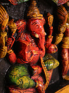 Wooden Hand Carved Painted Ganesha Lakshmi Saraswathi Panel (10x35)