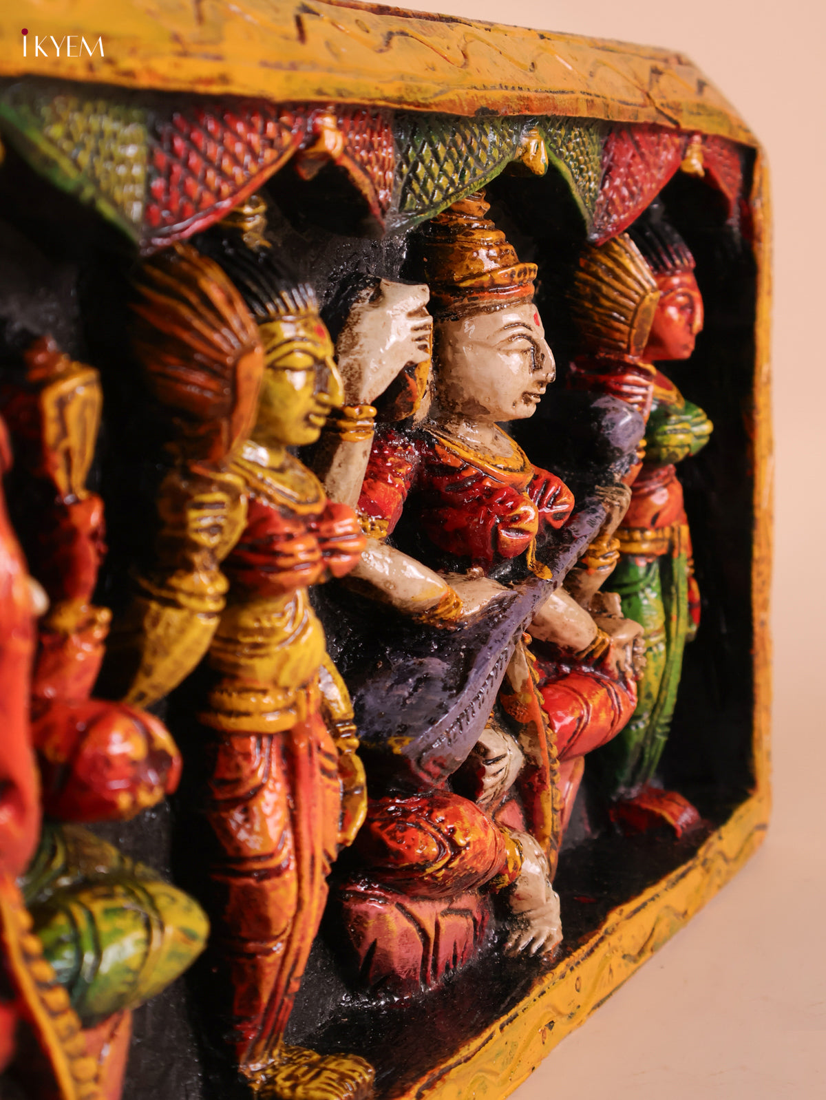 Wooden Hand Carved Painted Ganesha Lakshmi Saraswathi Panel (10x35)