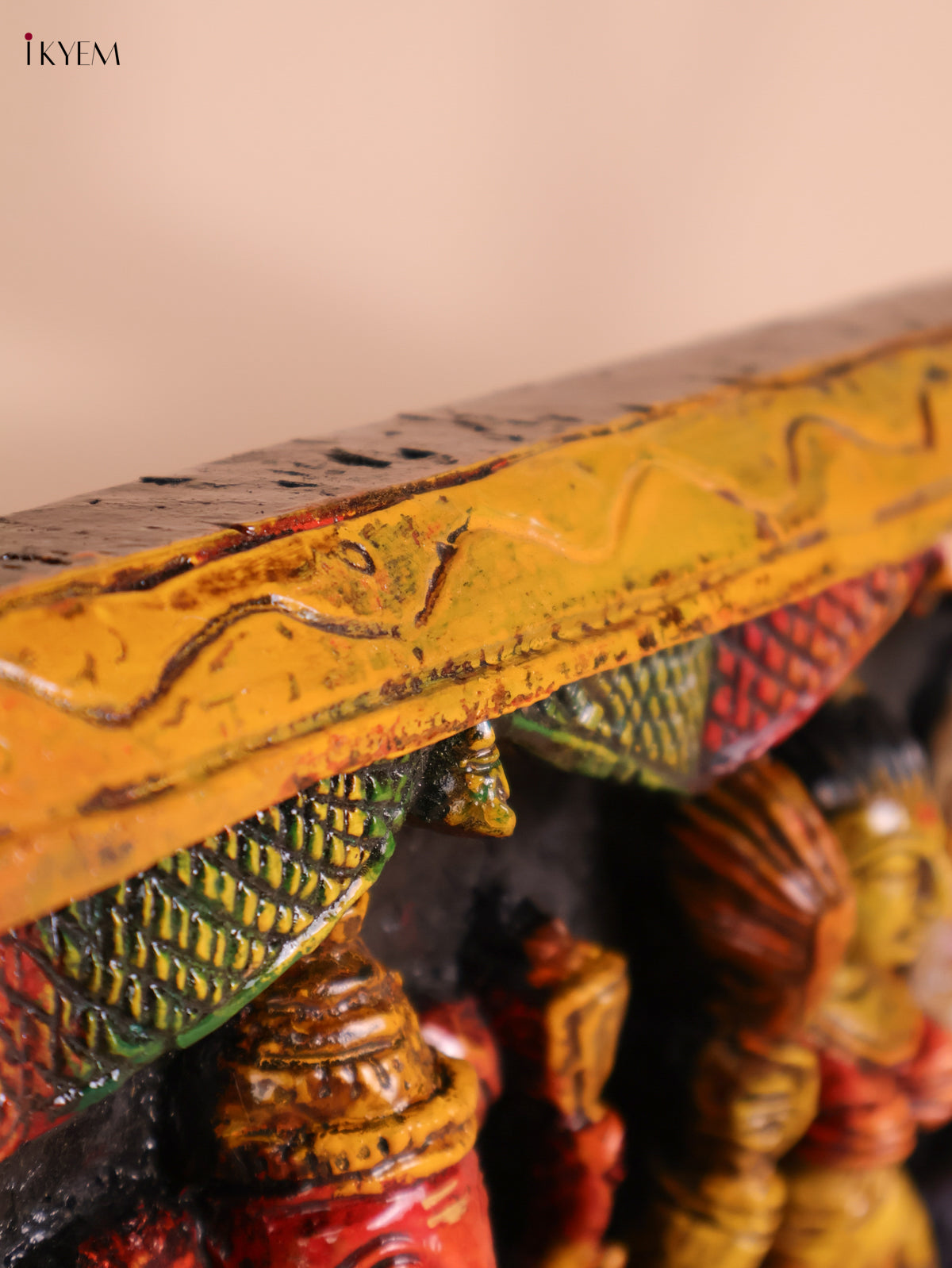 Wooden Hand Carved Painted Ganesha Lakshmi Saraswathi Panel (10x35)