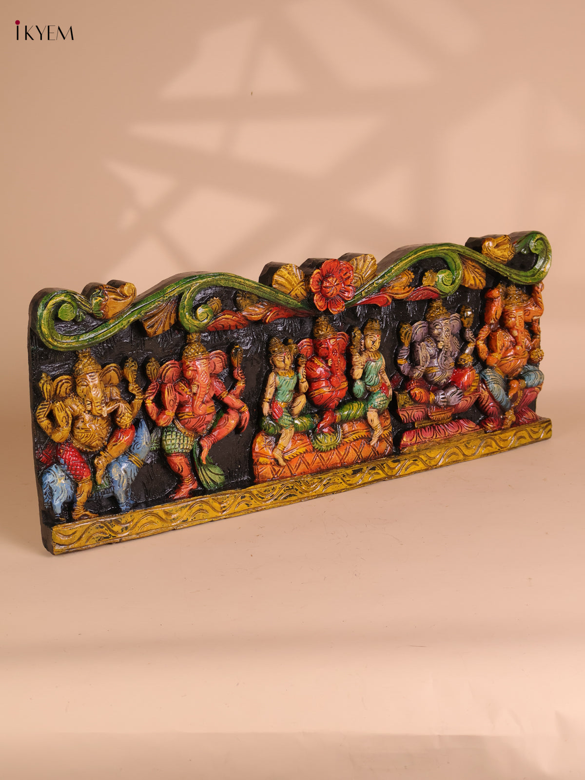 Wooden Hand Carved Painted Ganesha Panel (12x30)