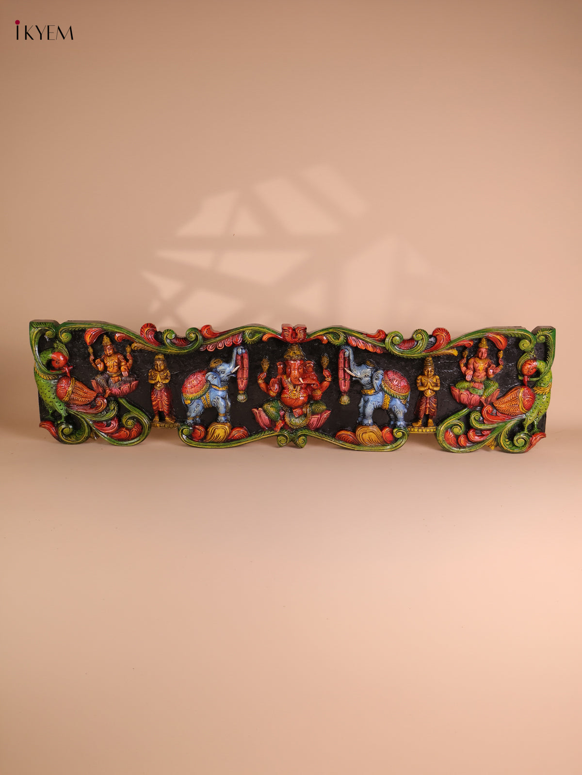 Wooden Hand Carved Painted Gaja Ganesha Panel (12x48)