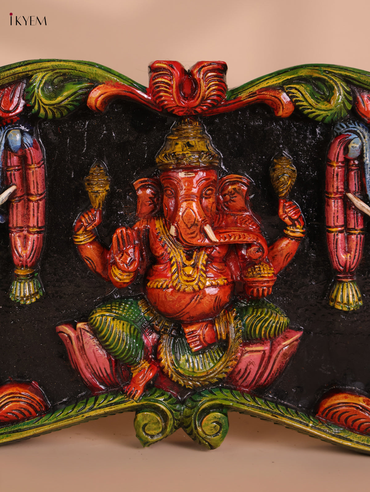 Wooden Hand Carved Painted Gaja Ganesha Panel (12x48)