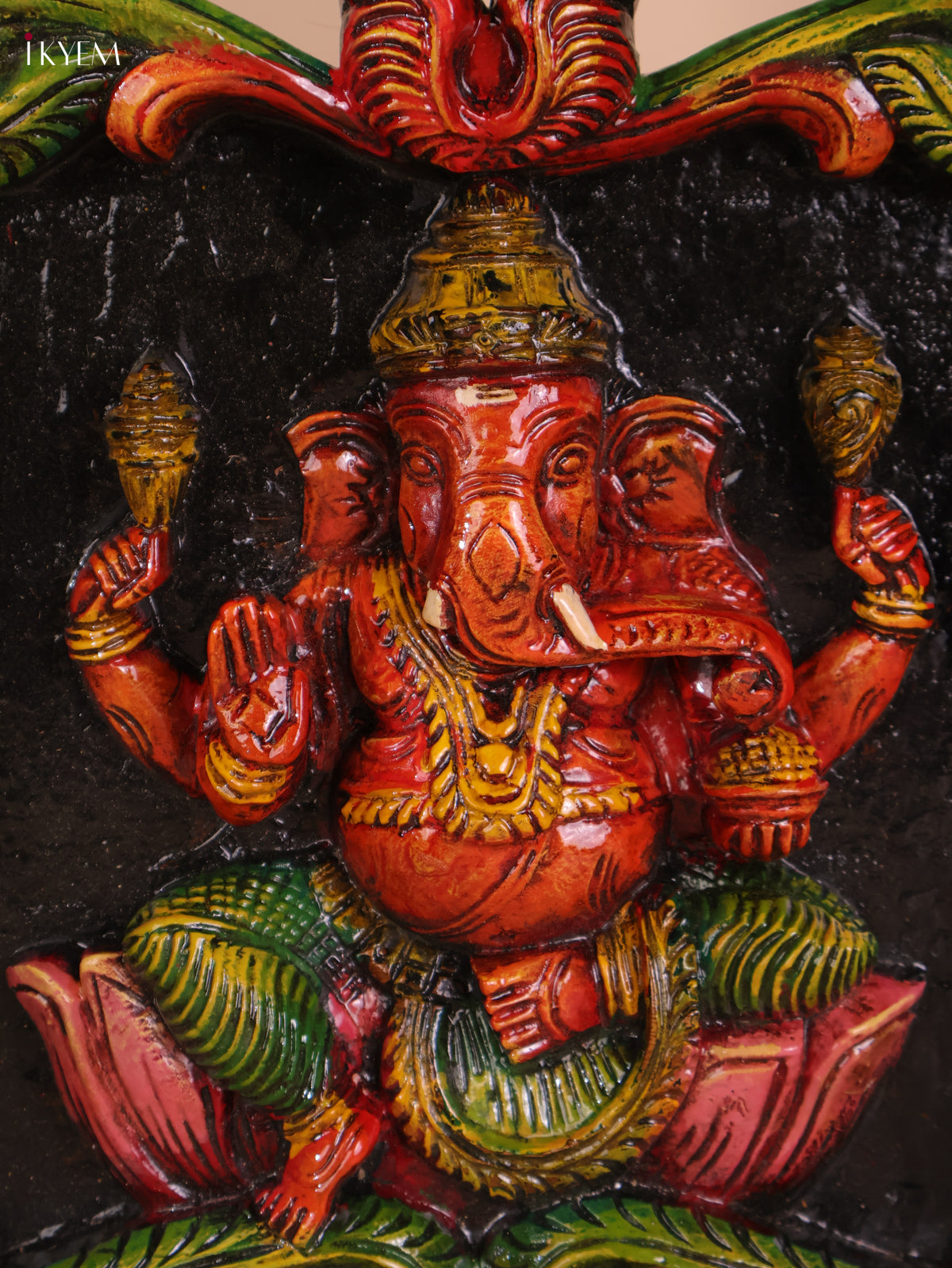 Wooden Hand Carved Painted Gaja Ganesha Panel (12x48)