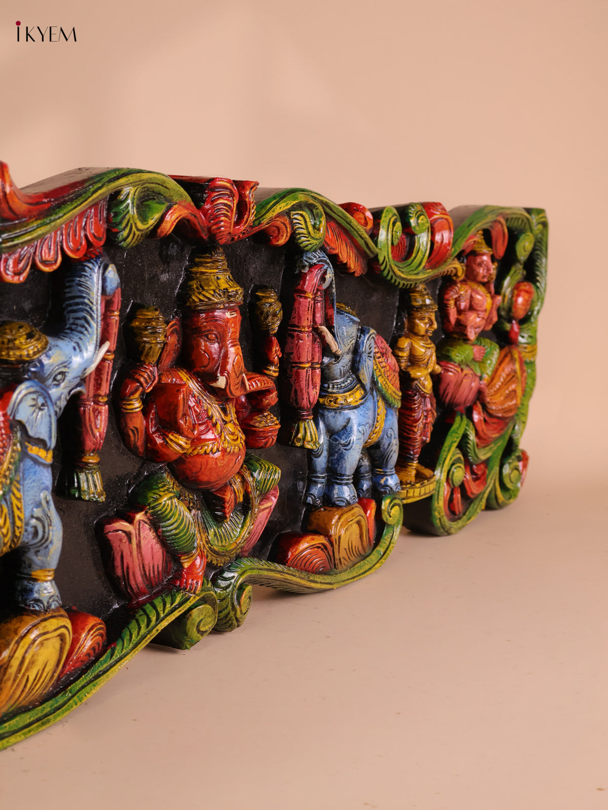 Wooden Hand Carved Painted Gaja Ganesha Panel (12x48)