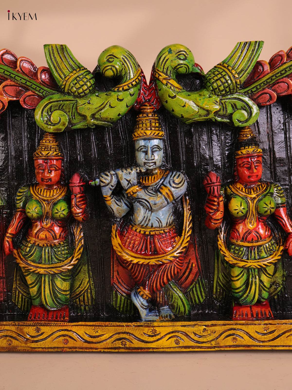 Wooden Hand Carved Painted Krishna Panel(48x12)