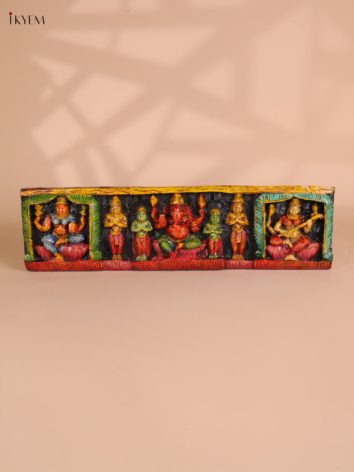 Wooden Hand Carved Painted Ganesha Lakshmi Saraswathi Panel (7x24)