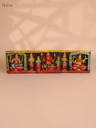 Wooden Hand Carved Painted Ganesha Lakshmi Saraswathi Panel (7x24)