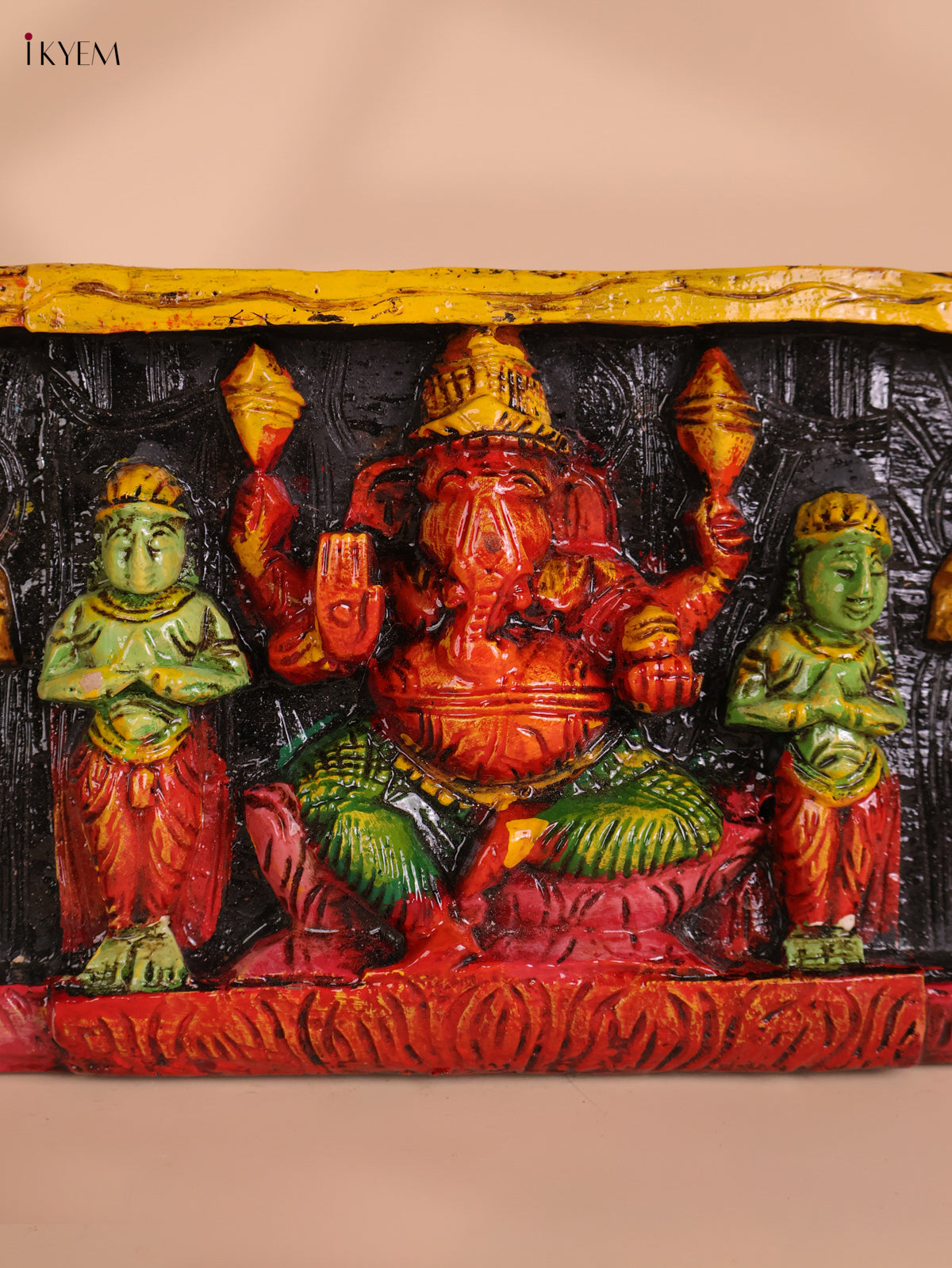 Wooden Hand Carved Painted Ganesha Lakshmi Saraswathi Panel (7x24)