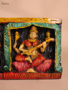 Wooden Hand Carved Painted Ganesha Lakshmi Saraswathi Panel (7x24)