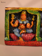 Wooden Hand Carved Painted Ganesha Lakshmi Saraswathi Panel (7x24)