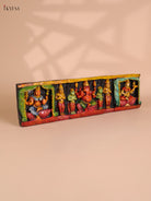 Wooden Hand Carved Painted Ganesha Lakshmi Saraswathi Panel (7x24)