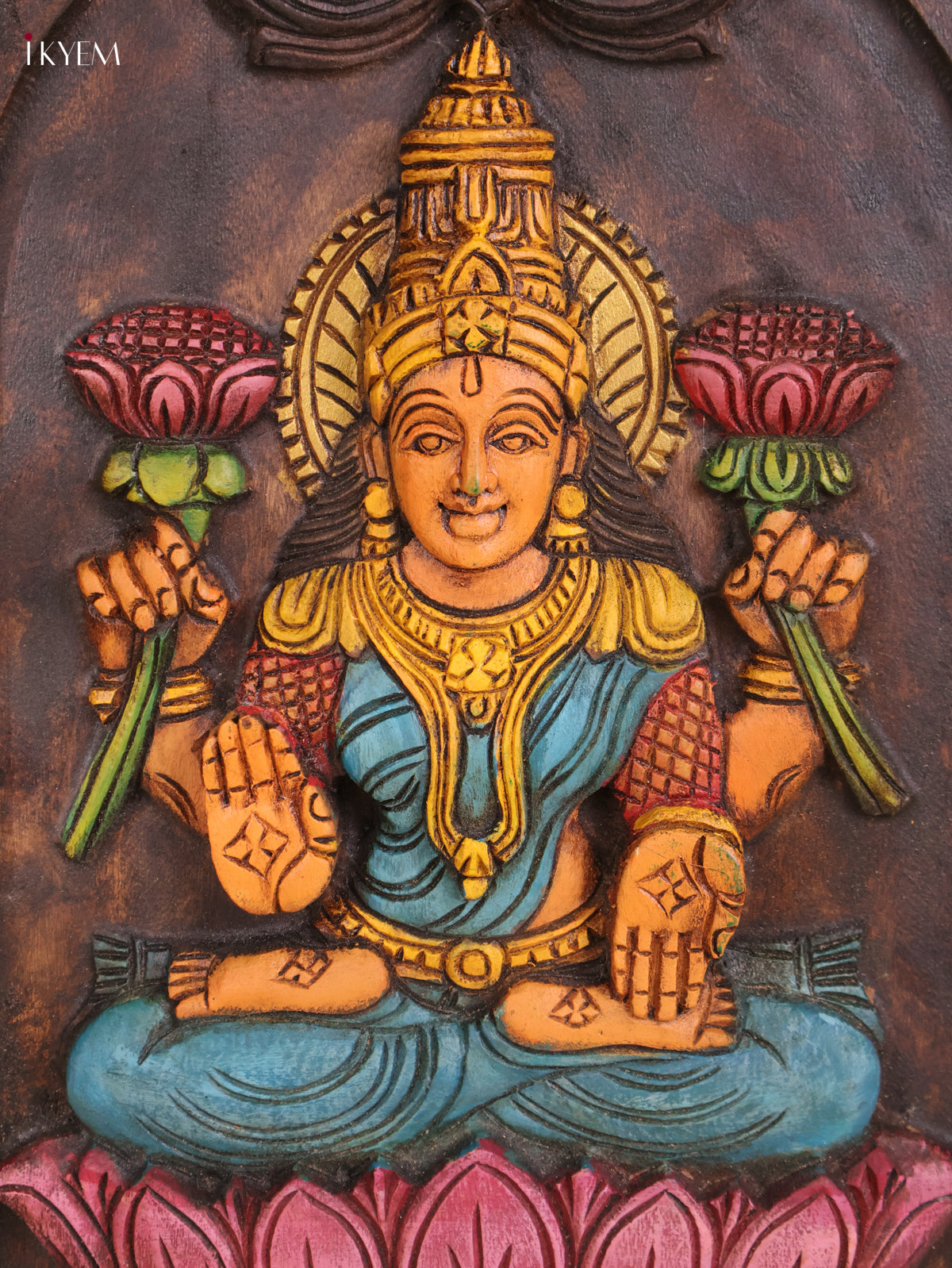 Wooden Hand Carved Painted Lakshmi Wall Panel (18x12)