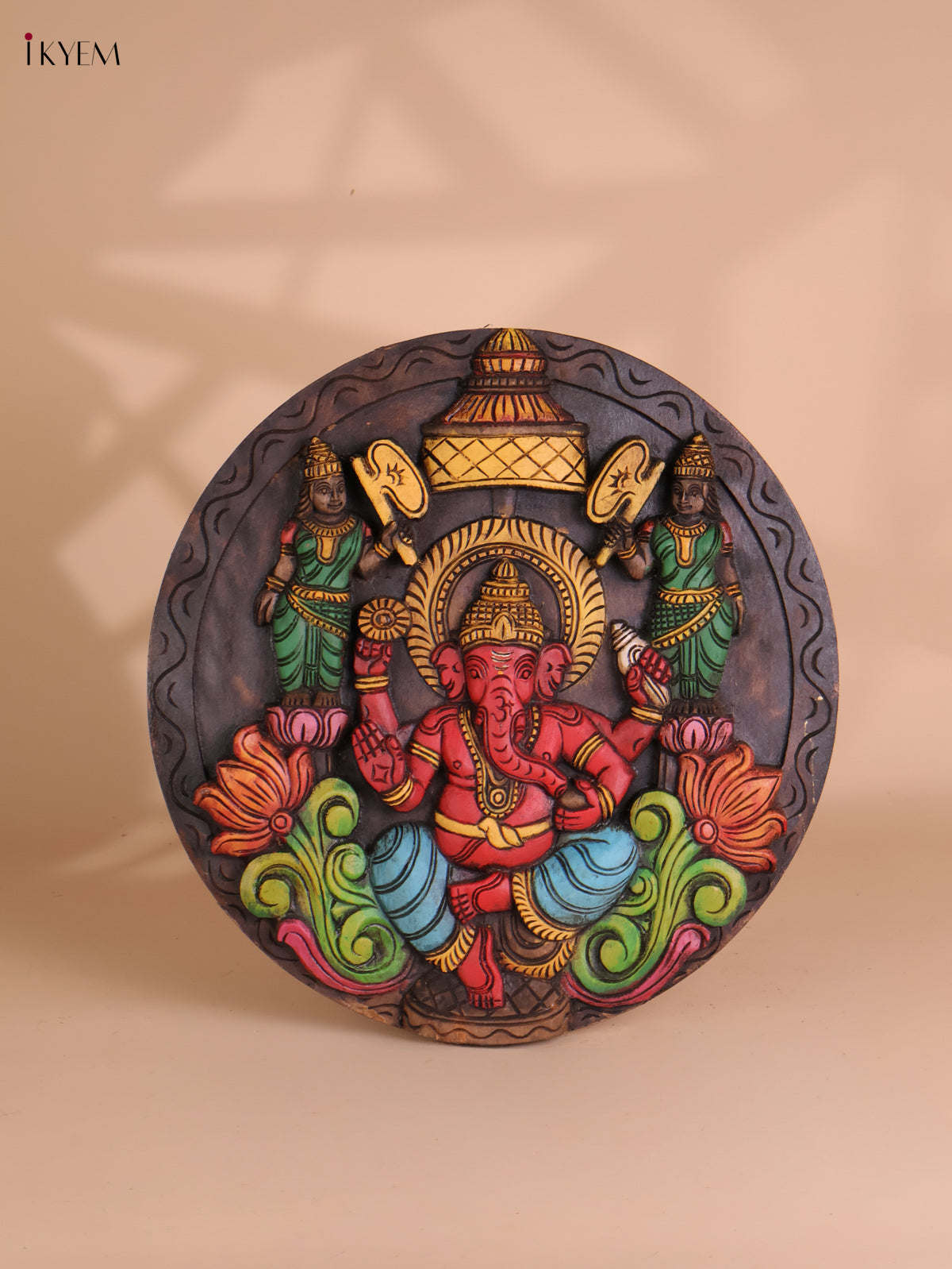 Wooden Hand Carved Painted Ganesha Circle Panel -(18X18)
