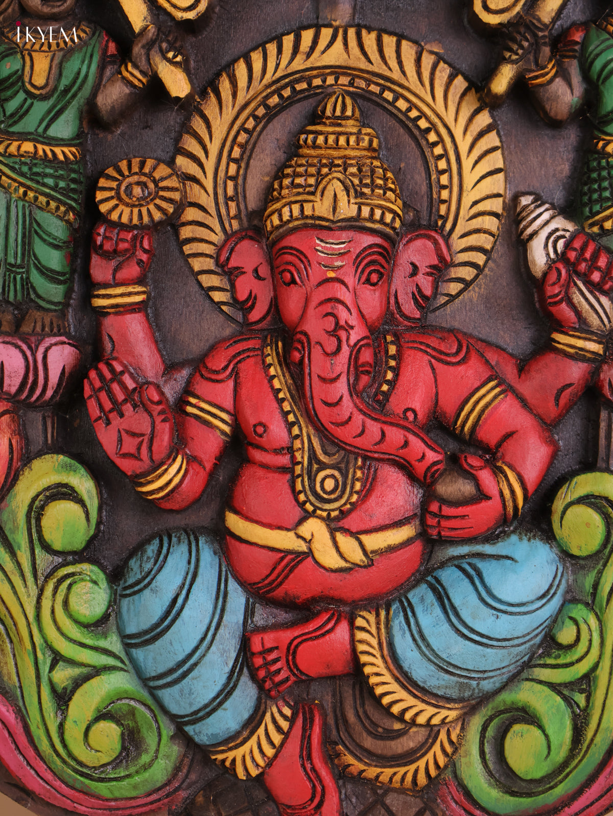 Wooden Hand Carved Painted Ganesha Circle Panel -(18X18)