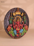 Wooden Hand Carved Painted Ganesha Circle Panel -(18X18)