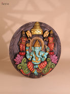 Wooden Hand Carved Painted Ganesha Circle Panel -(18X18)