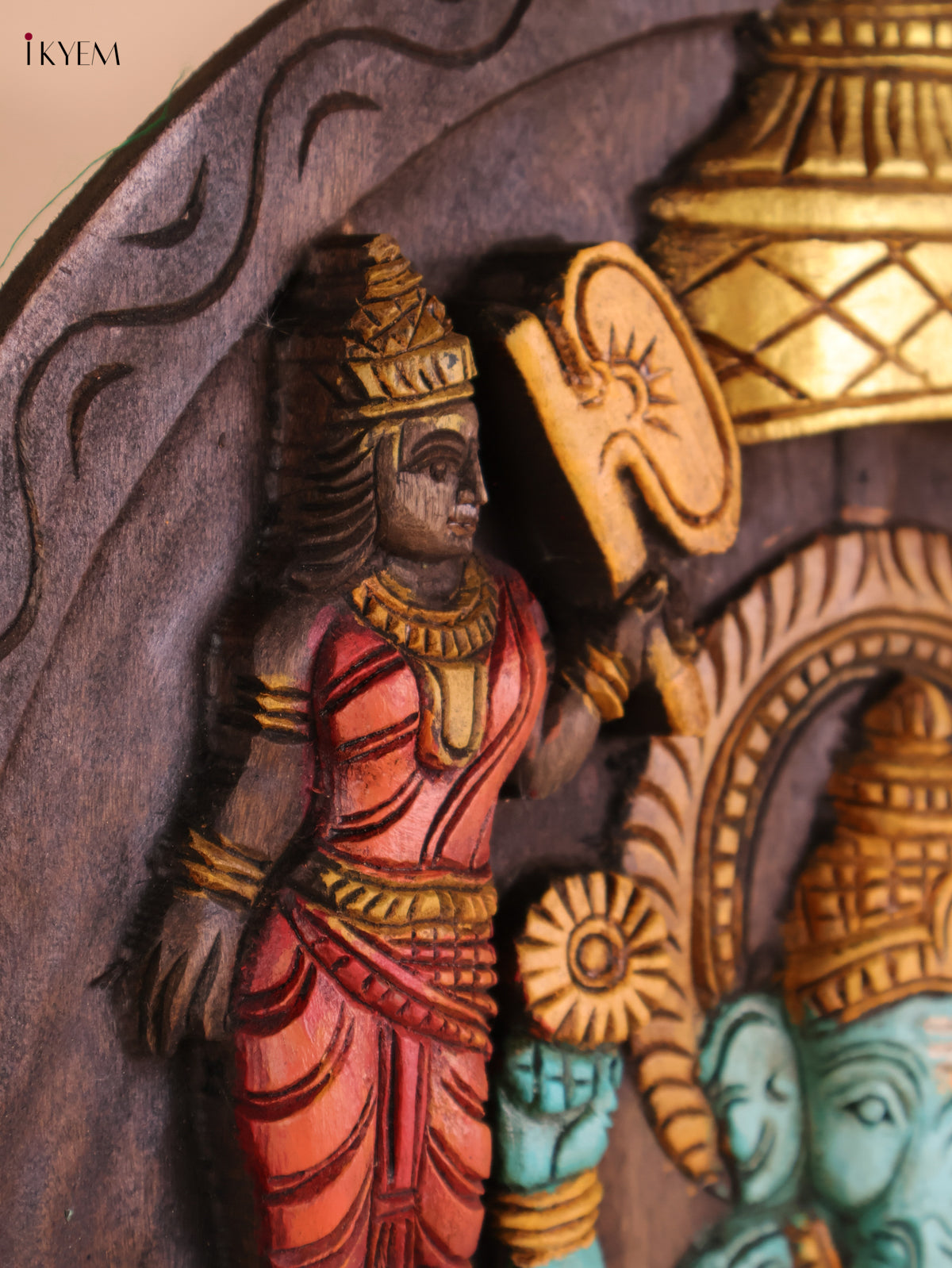 Wooden Hand Carved Painted Ganesha Circle Panel -(18X18)