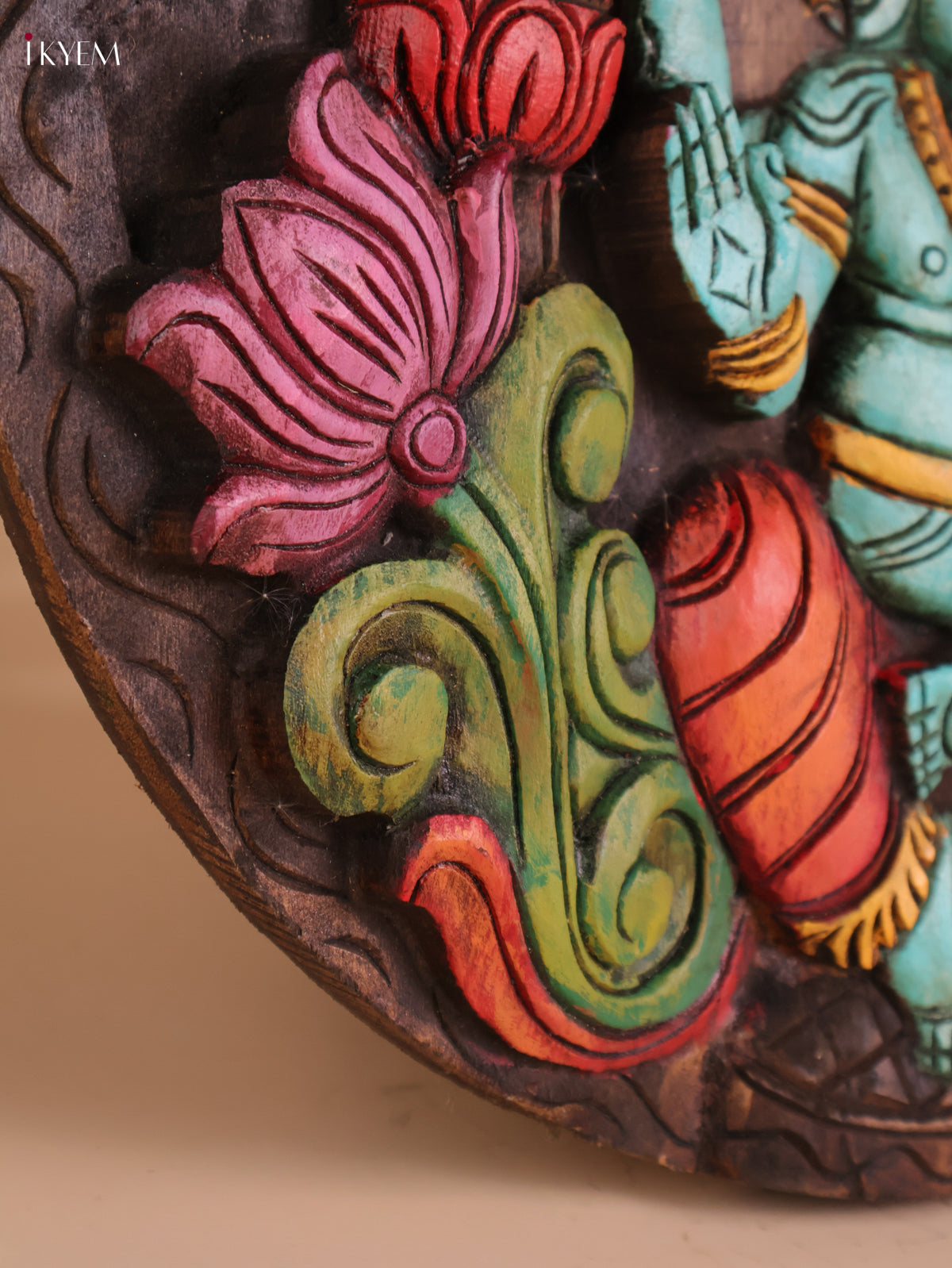 Wooden Hand Carved Painted Ganesha Circle Panel -(18X18)