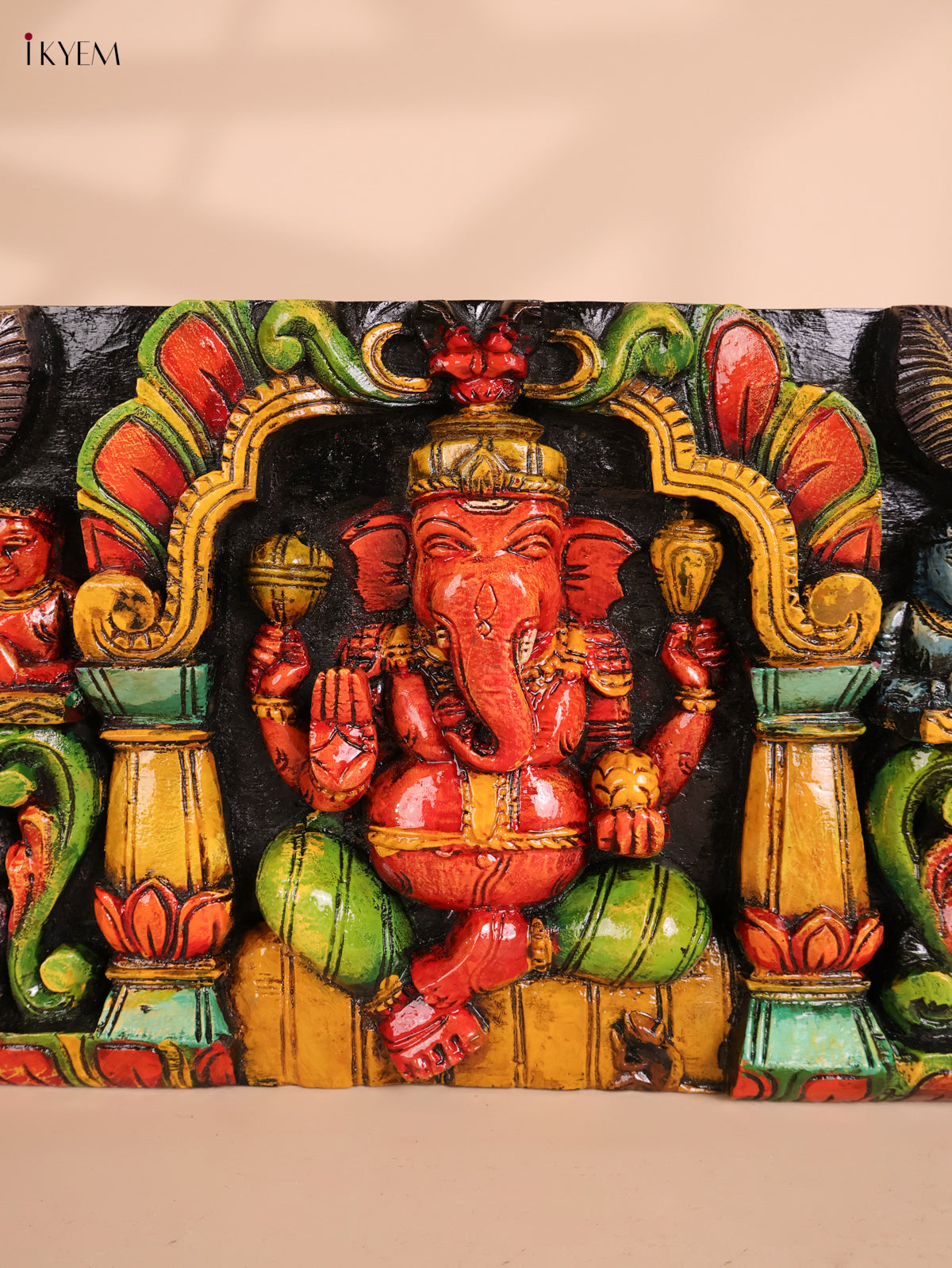 Wooden carved Ganesha Lakshmi Saraswathi Panel (10x48)