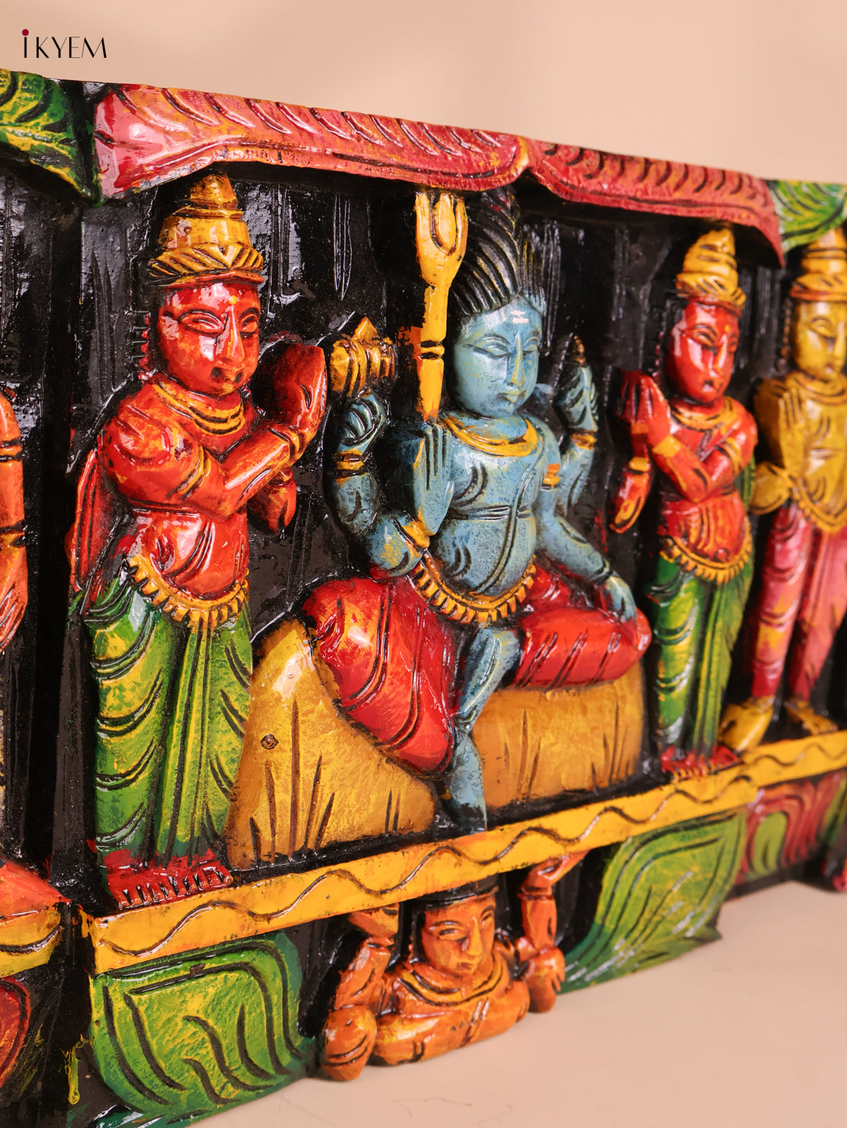 Wooden Hand Carved Painted Lord Shivan Panel (12x34)