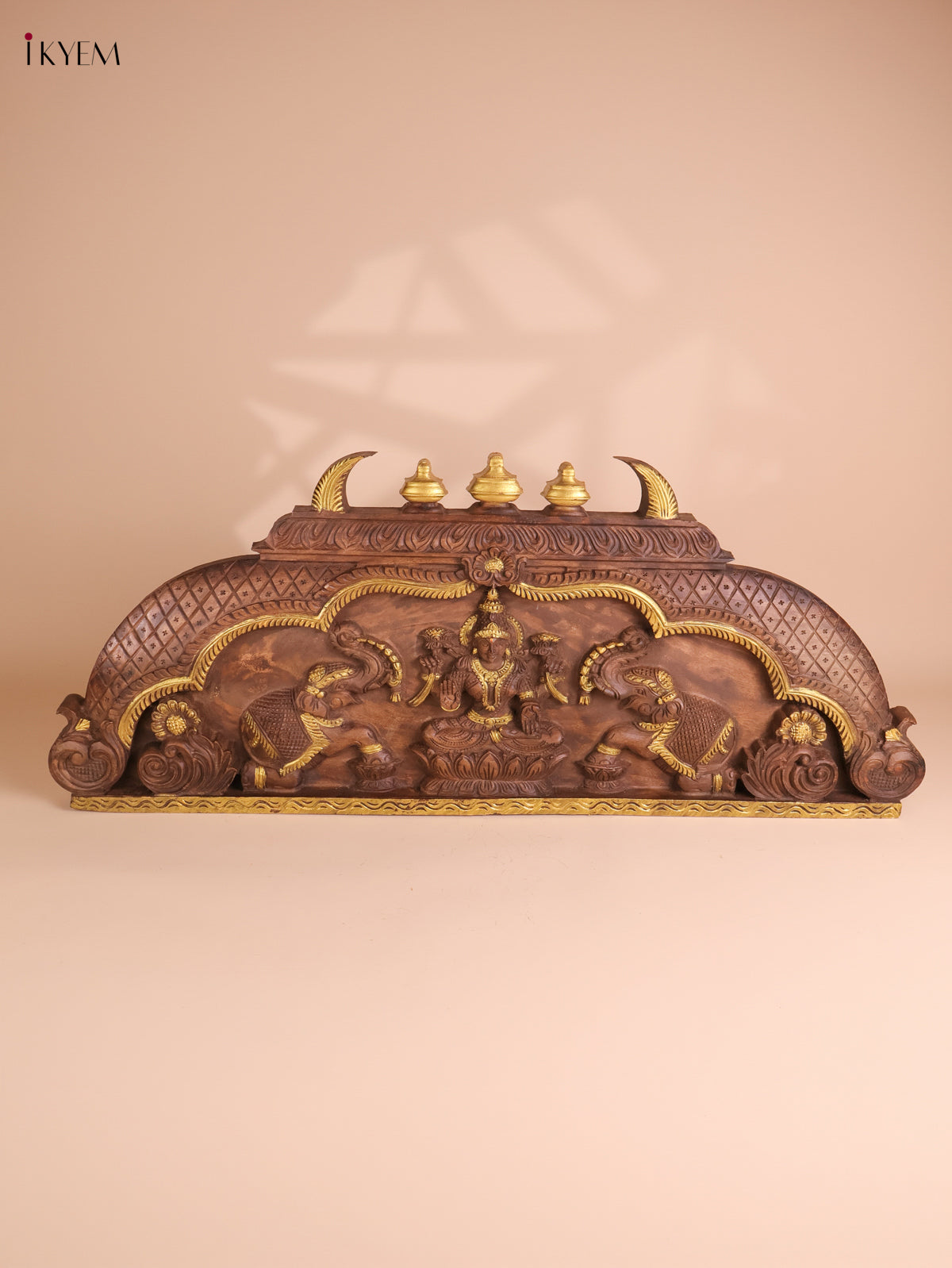 Wooden Hand Carved Gaja Lakshmi Gopuram Panel (16x40)