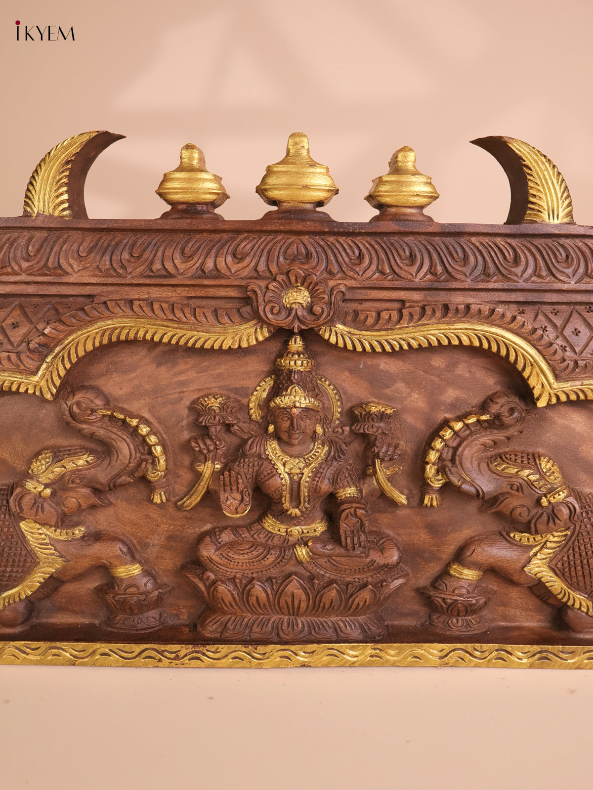Wooden Hand Carved Gaja Lakshmi Gopuram Panel (16x40)
