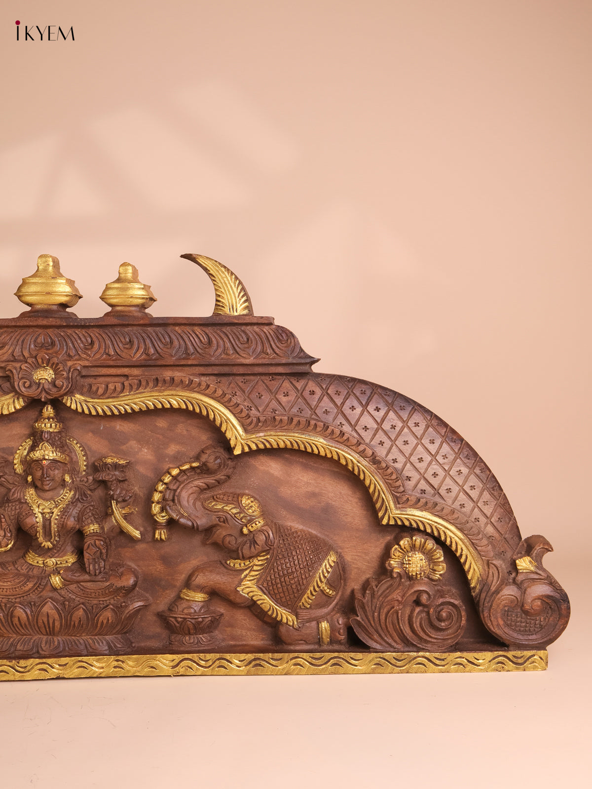 Wooden Hand Carved Gaja Lakshmi Gopuram Panel (16x40)