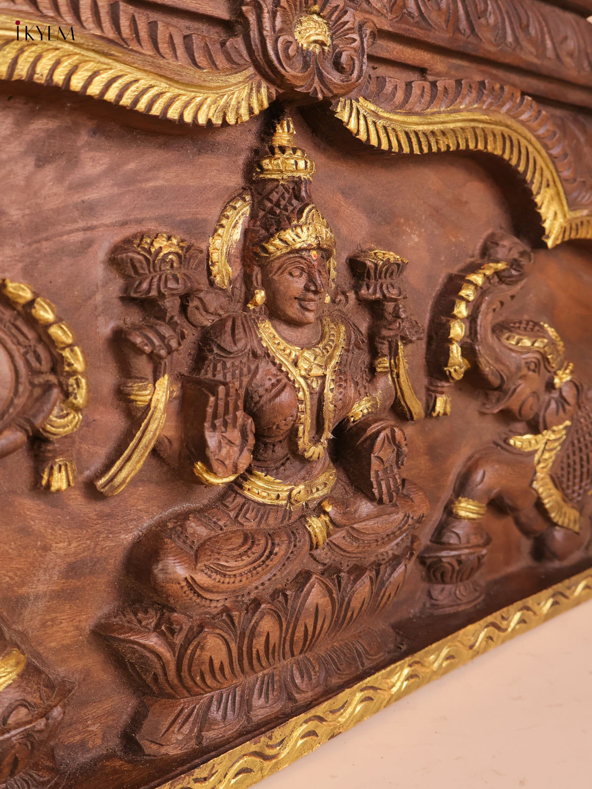 Wooden Hand Carved Gaja Lakshmi Gopuram Panel (16x40)