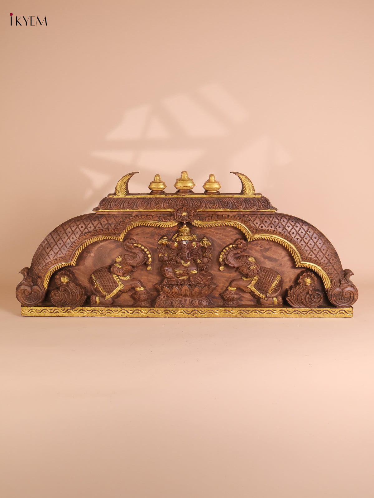 Wooden Hand Carved Gaja Lakshmi Gopuram Panel (16x40)