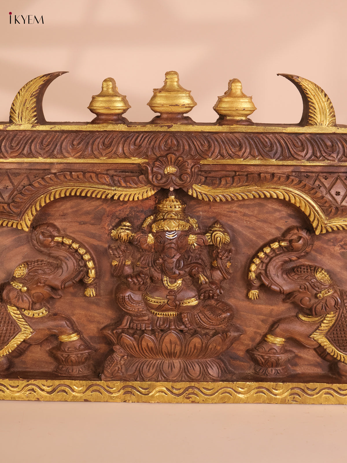 Wooden Hand Carved Gaja Lakshmi Gopuram Panel (16x40)