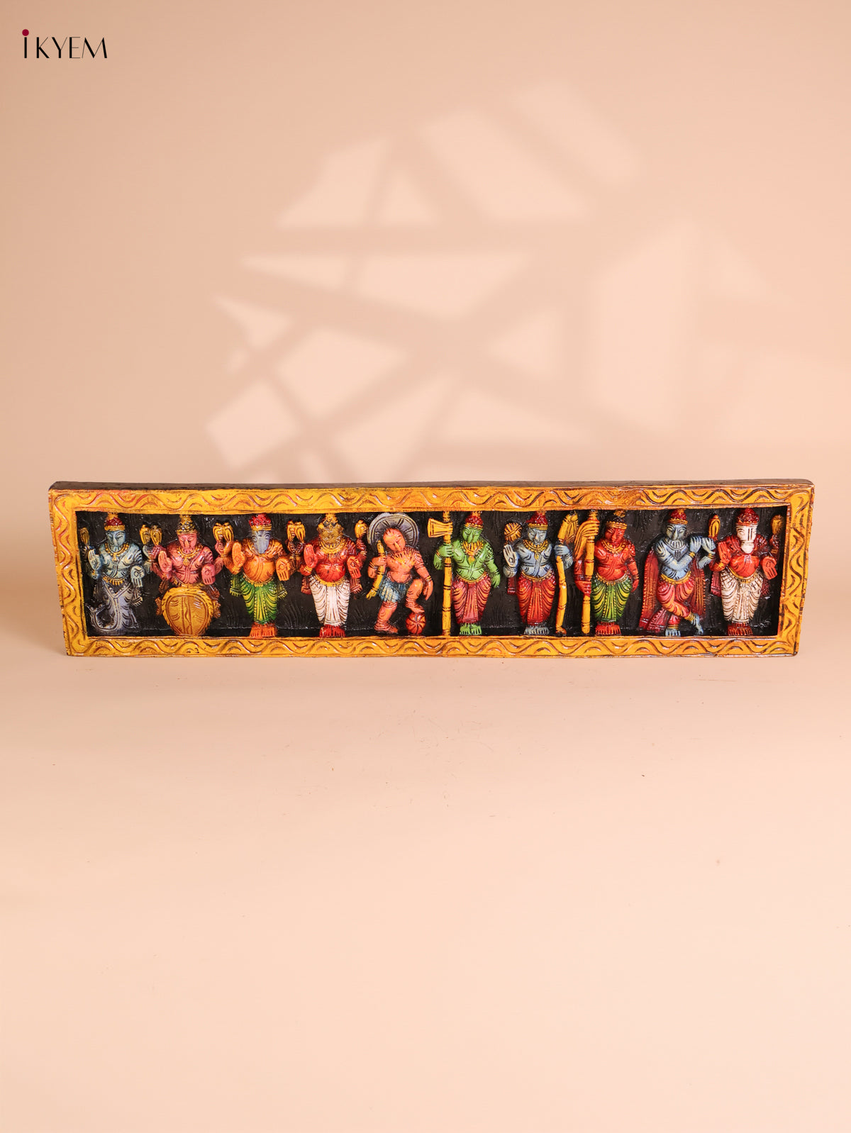 Wooden Hand Carved Painted Dasavatharam Panel (9x36)