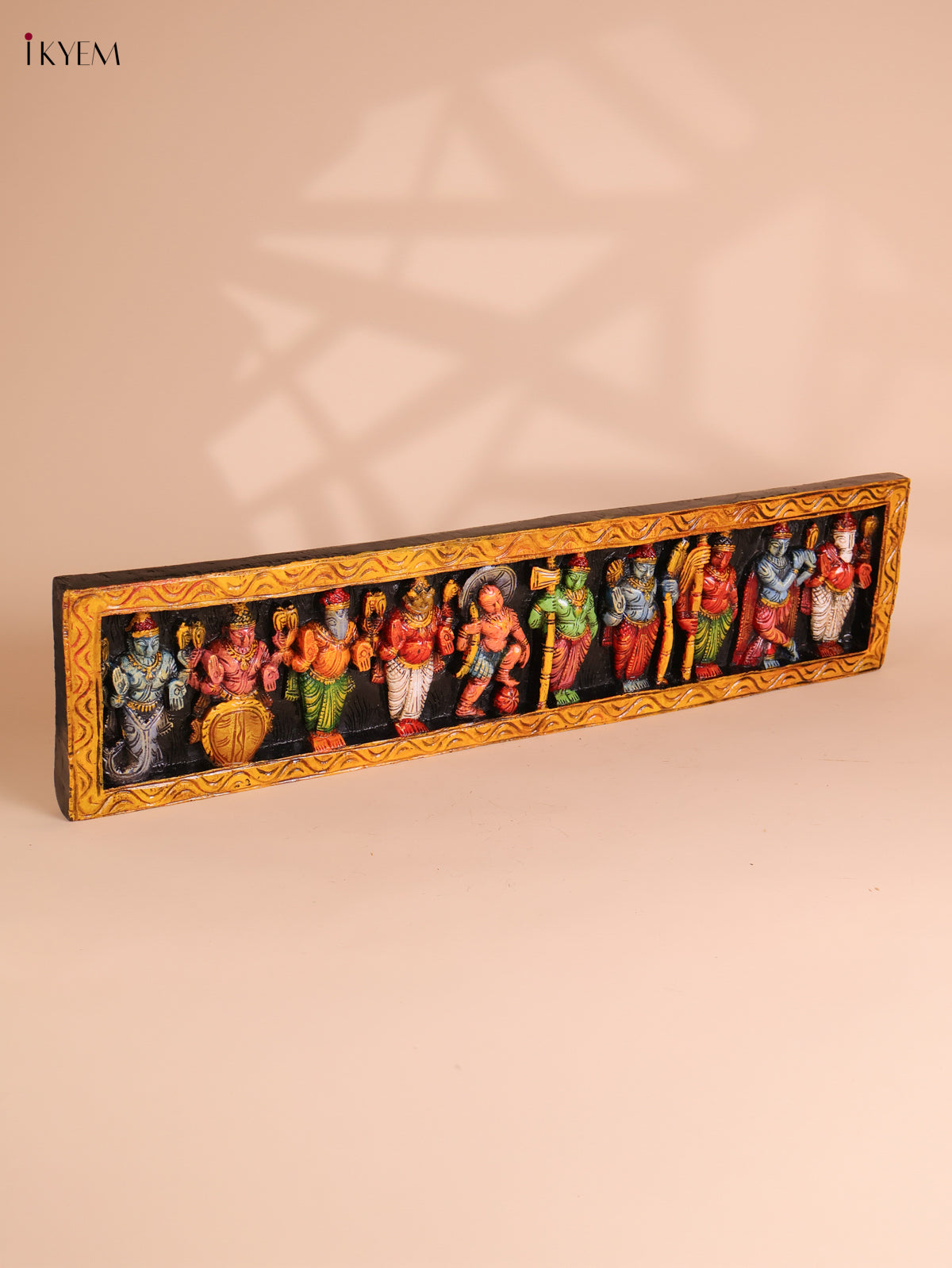 Wooden Hand Carved Painted Dasavatharam Panel (9x36)