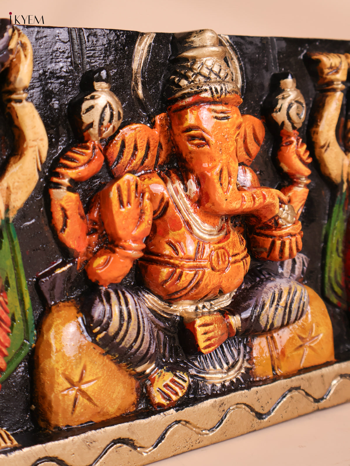 Wooden Hand Carved Painted Ganesha Panel(7x24)
