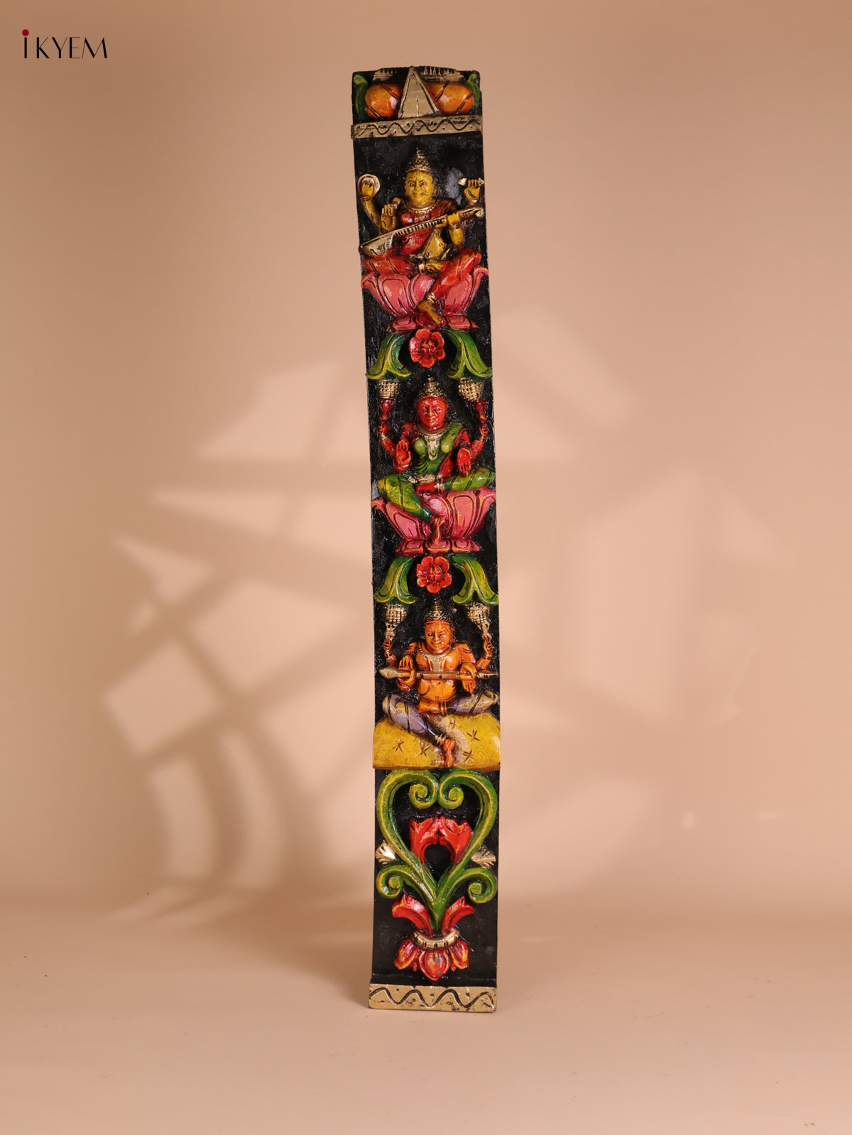 Wooden Hand Carved Painted Sarswathi Vertical Panel (36x4)