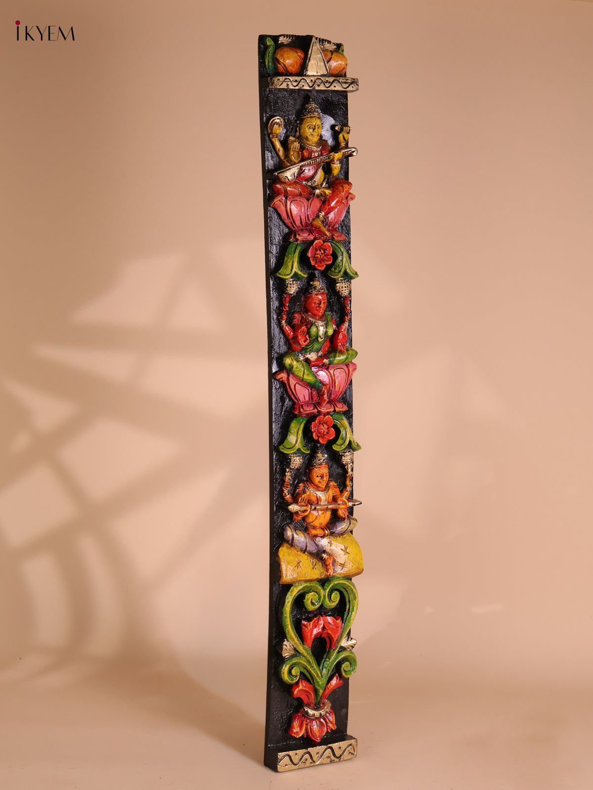 Wooden Hand Carved Painted Sarswathi Vertical Panel (36x4)