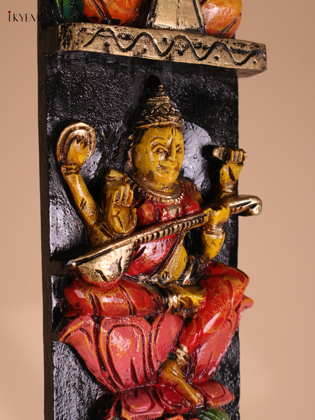 Wooden Hand Carved Painted Sarswathi Vertical Panel (36x4)