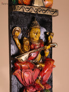 Wooden Hand Carved Painted Sarswathi Vertical Panel (36x4)