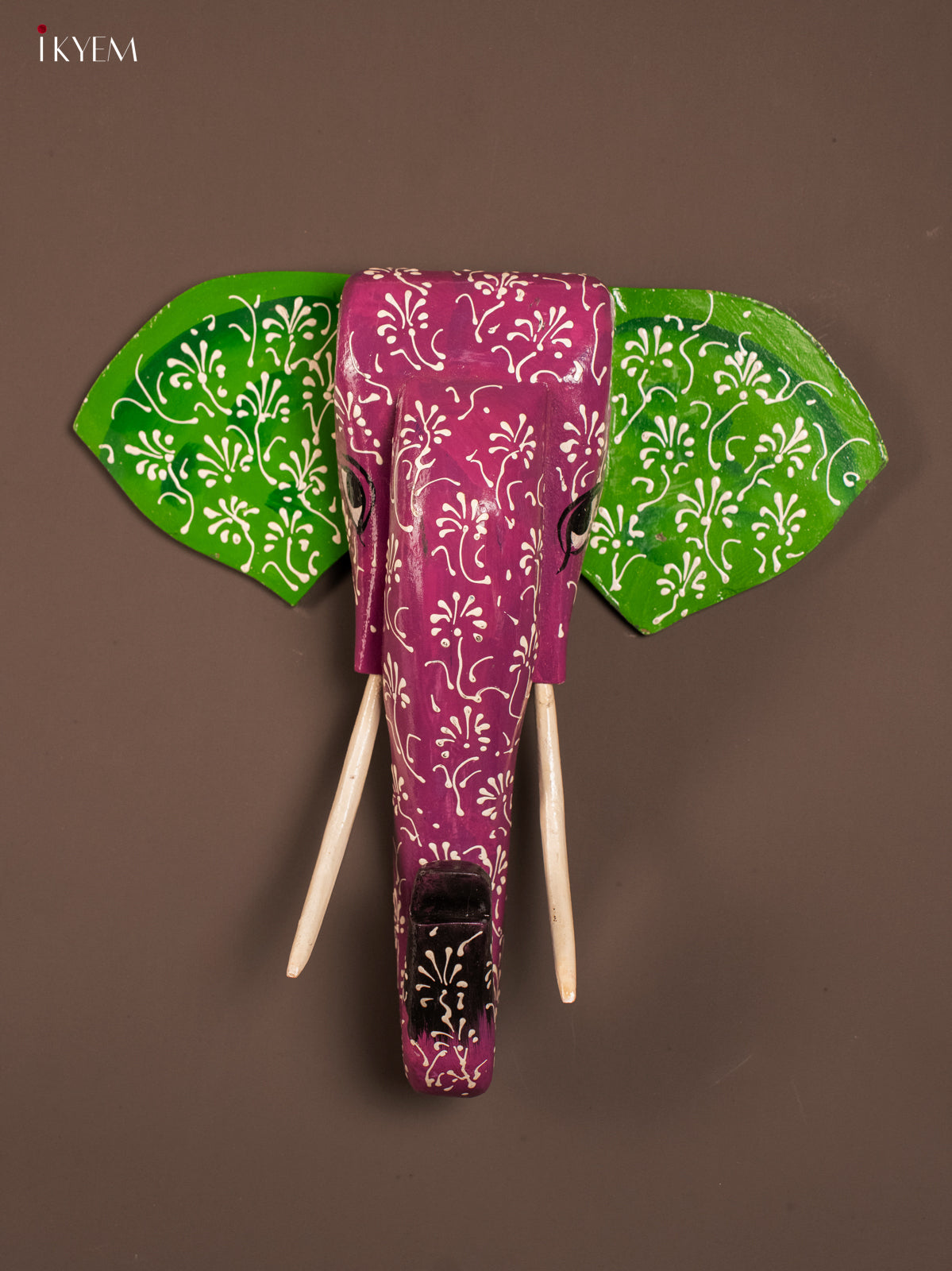 wooden hand painted elephant Head - Violet with Green